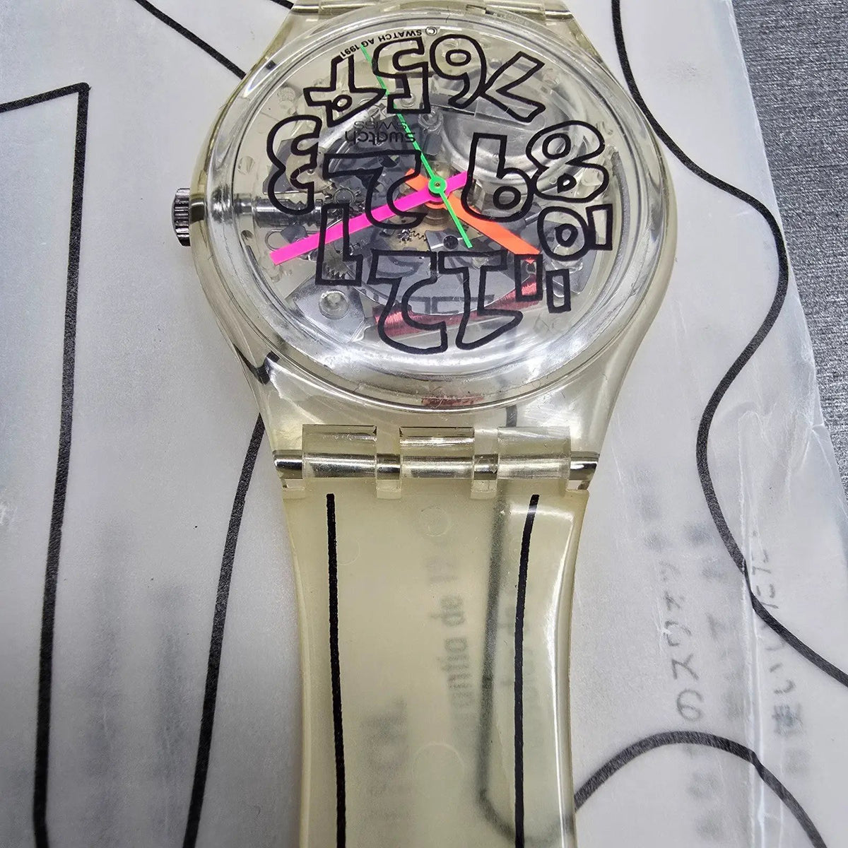 Swatch Scribble Watch Men 34mm Skeleton Dial Clear Case GZ124 New Battery NOS7