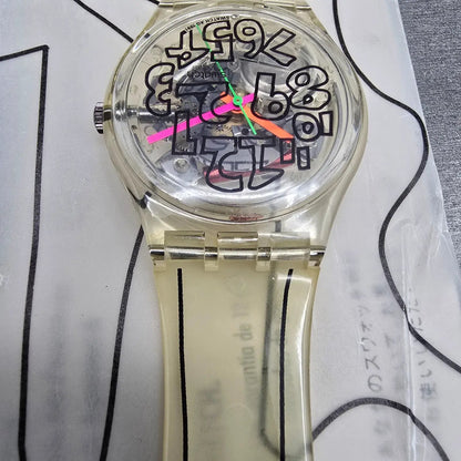 Swatch Scribble Watch Men 34mm Skeleton Dial Clear Case GZ124 New Battery NOS7