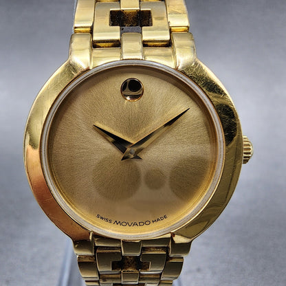 Movado Estimo Watch Women 25mm Gold Dial Gold Tone Round 604887 New Battery1