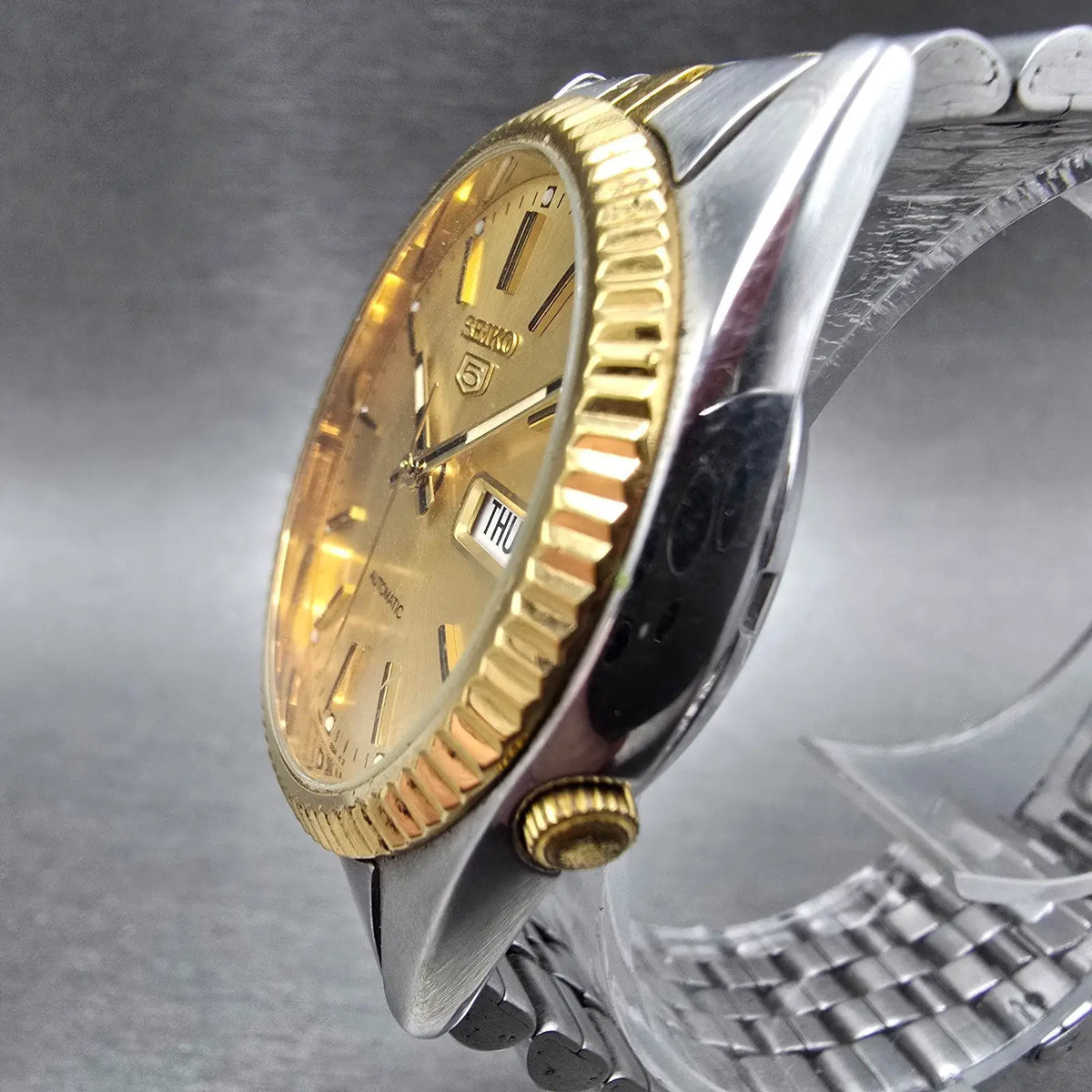 Seiko 5 Automatic President Watch Men 36mm Gold Dial Two Tone Daydate 7S26-05002