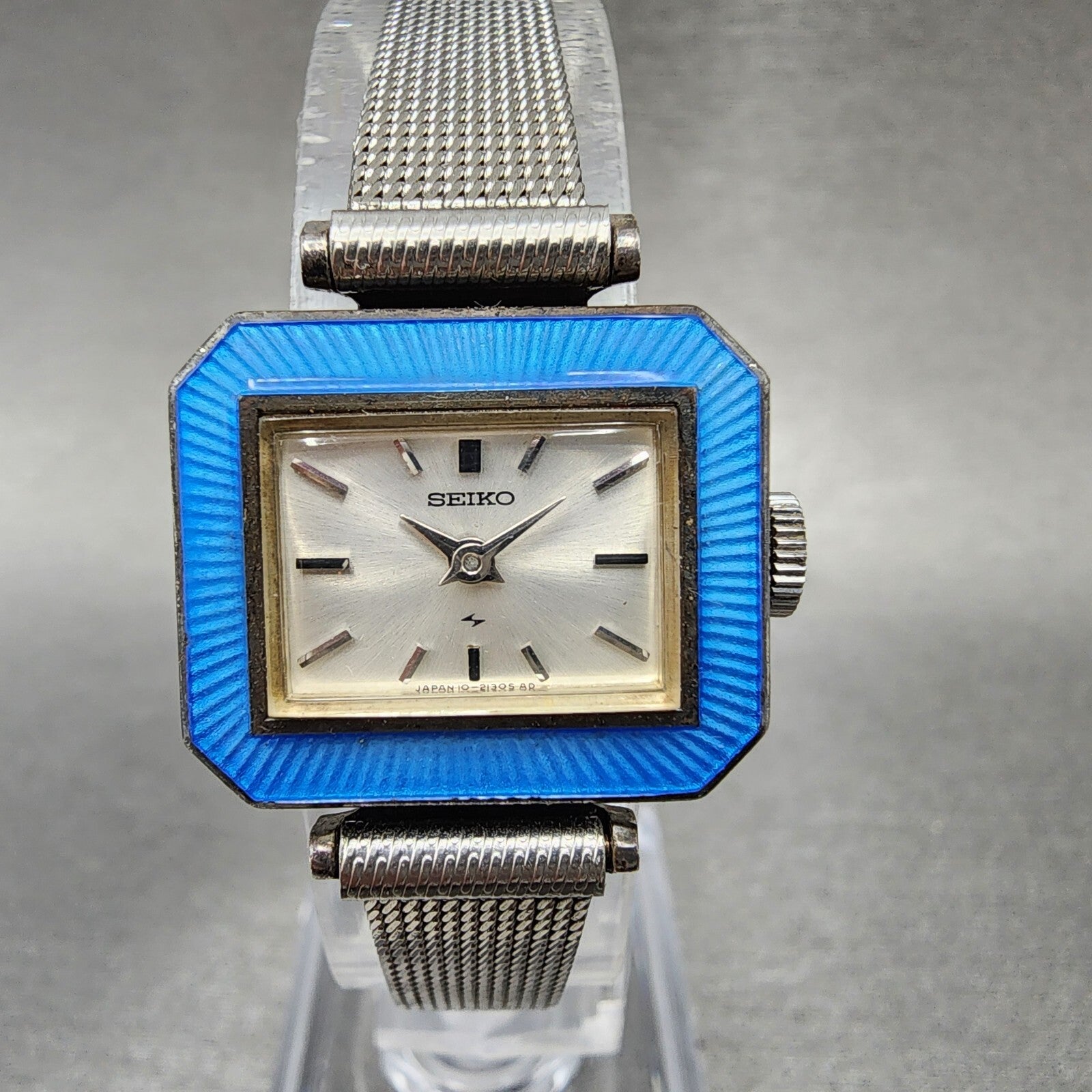 VTG Seiko Watch Women 22mm Silver Dial Blue bezel Silver Case Octagon Runs0