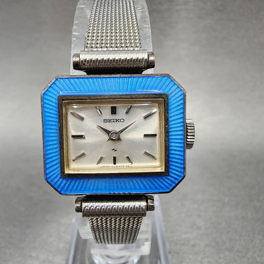 VTG Seiko Watch Women 22mm Silver Dial Blue bezel Silver Case Octagon Runs0