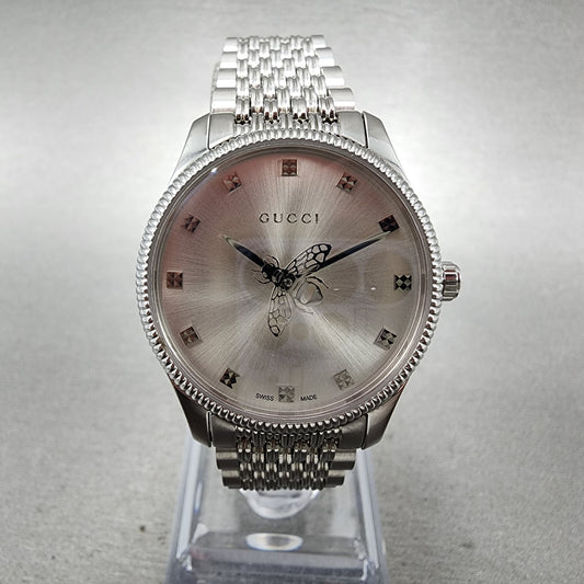 Gucci G-Timeless Watch Women 29mm Silver Dial Steel Round Bracelet YA1265019