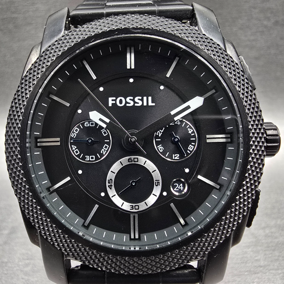 Fossil Machine Watch Men 45mm Black Dial Black Tone Chrono Date FS4552 New Batt1