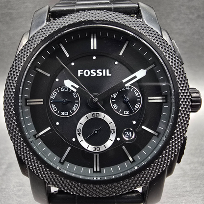 Fossil Machine Watch Men 45mm Black Dial Black Tone Chrono Date FS4552 New Batt1