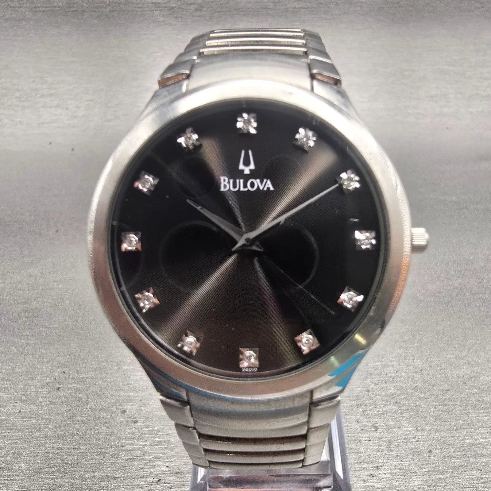 Bulova Watch Men 36mm Black Dial Silver Tone Gemmed Round 96D10 New Battery0