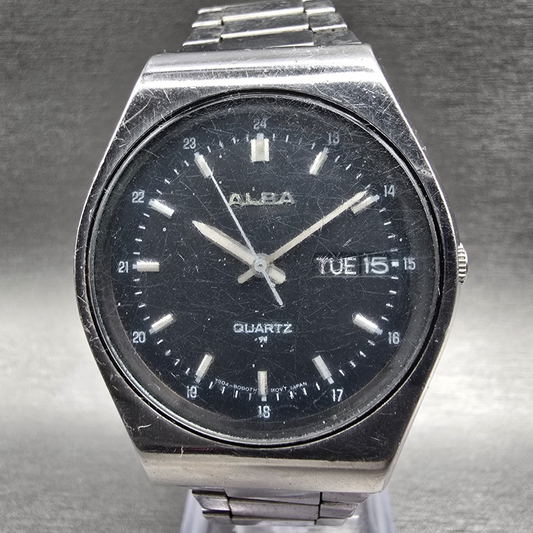Seiko Alba Watch Men 36mm Black Dial Silver Daydate Round Y504-8000 New Bat VTG0