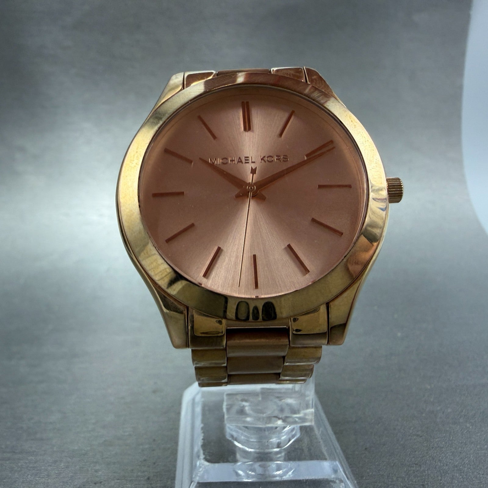 Michael Kors Runway Watch Women 42mm Pink Dial Rose Gold Tone MK-3197 New Batt5