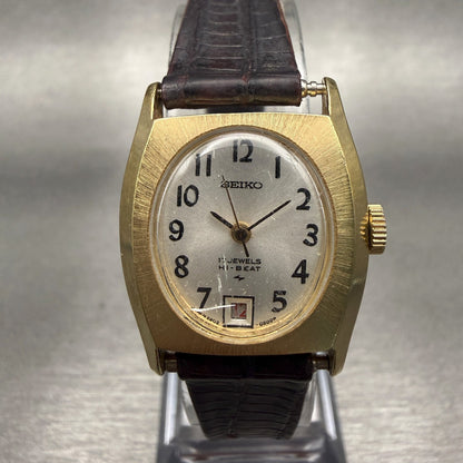 Seiko Hi-Beat Watch Women 22mm Silver Dial Gold Tone Date Rectangle 2202-70290