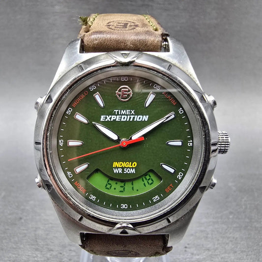 Timex Expedition Watch Men 38mm Green Dial Silver Alarm Chronograph New Battery0