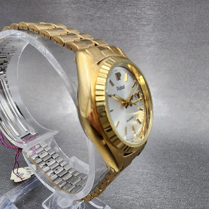 Pulsar President Watch Women 24mm Gold Dial Gold Tone Daydate Round New Batt NOS5