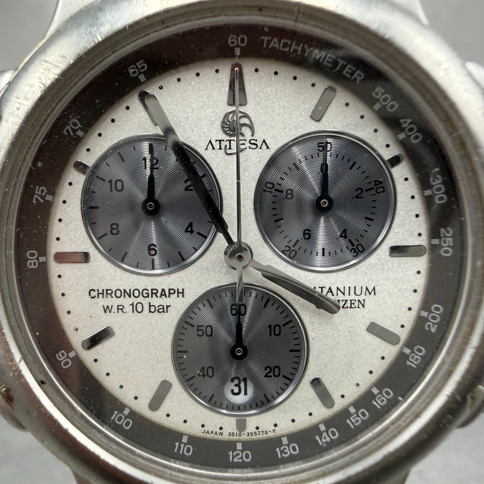 Citizen Attesa Chronograph Watch Men 38mm Silver Dial Titanium Date New Battery1