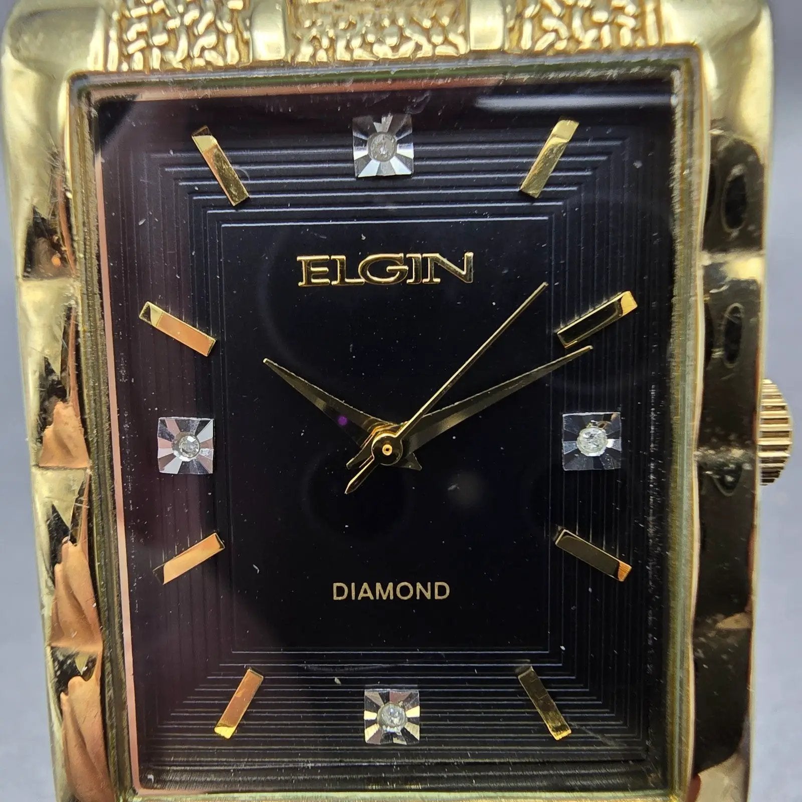 Elgin Tank Watch Men 31mm Black Dial Gold Tone Rectangle FG9031 New Battery1