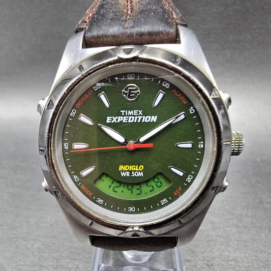 Timex Expedition Watch Men 38mm Green Dial Silver Alarm Chronograph New Batteryu0