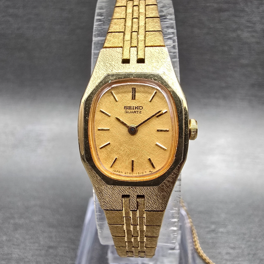 Seiko Watch Women 16mm Gold Dial Gold Tone Oval 2C20-5749 New Battery Vintage JP0