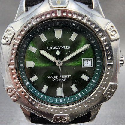 Oceanus water resistant stainless steel wristwatch with green dial and date display