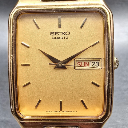 Seiko Watch Men 28mm Gold Dial Gold Tone Daydate Rectangle 7N33-5028 New Batt JP1