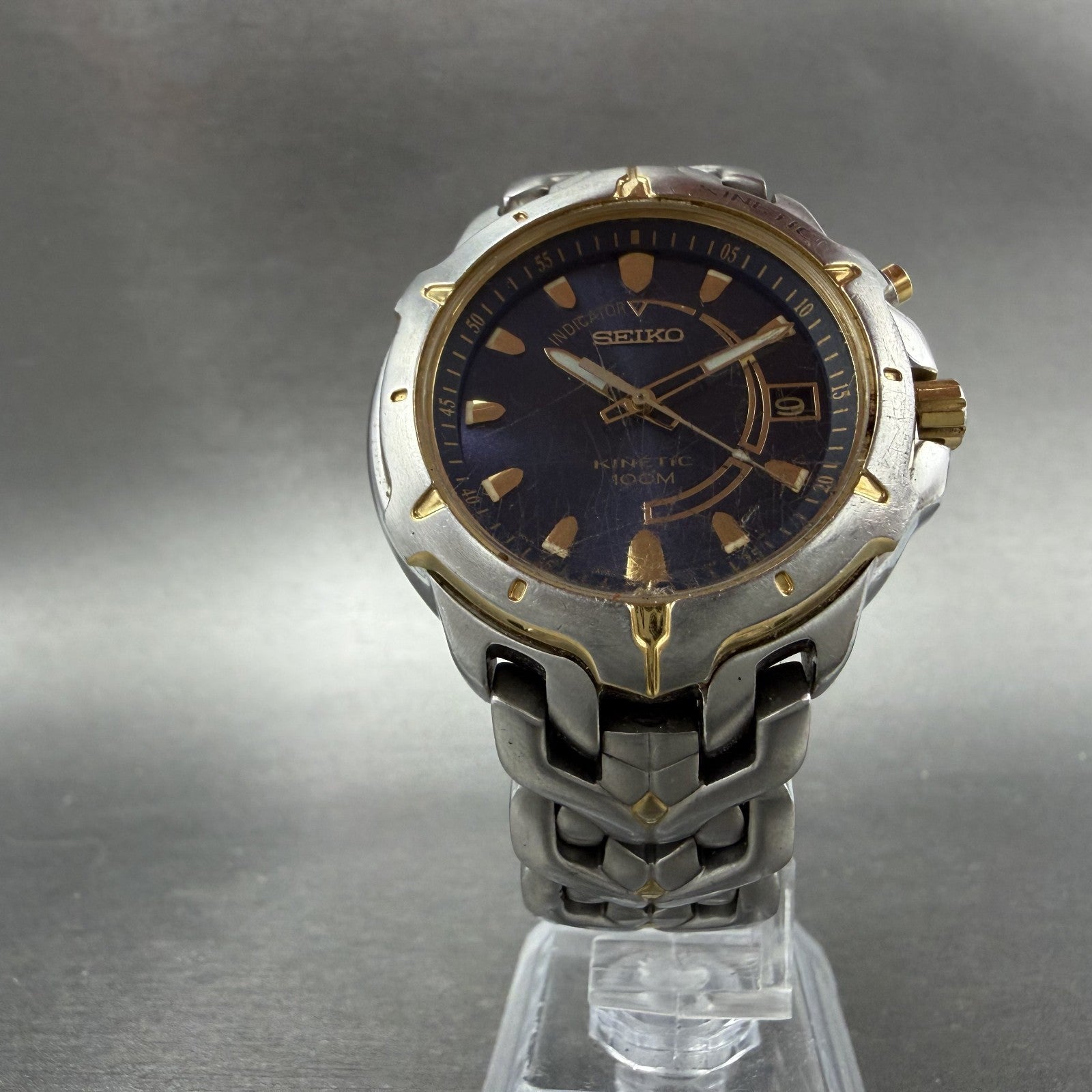 Seiko Kinetic Watch Men 39mm Blue Dial two Tone Date Round 5M62-0D10 New Cap5