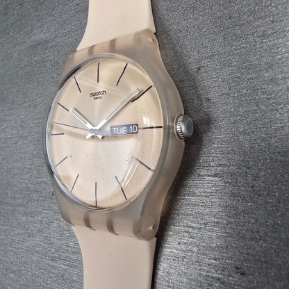 Swatch Rose Rebel Watch Men 41mm Pink Dial Pink Tone Daydate SUOT700 New Batt CH4
