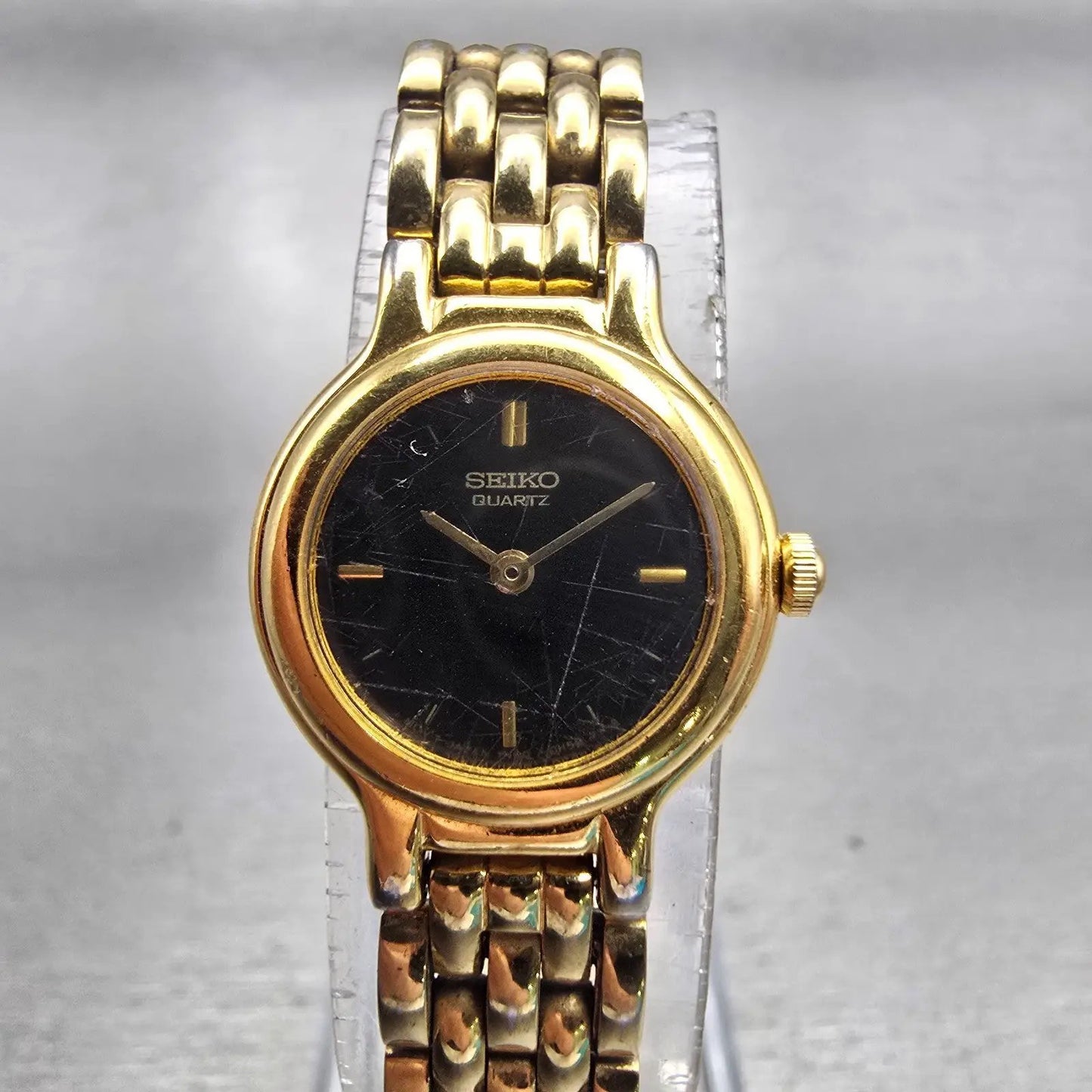 Seiko Watch Women 19mm Black Dial Gold Tone Round 1N00-0C49 New Battery VTG L0
