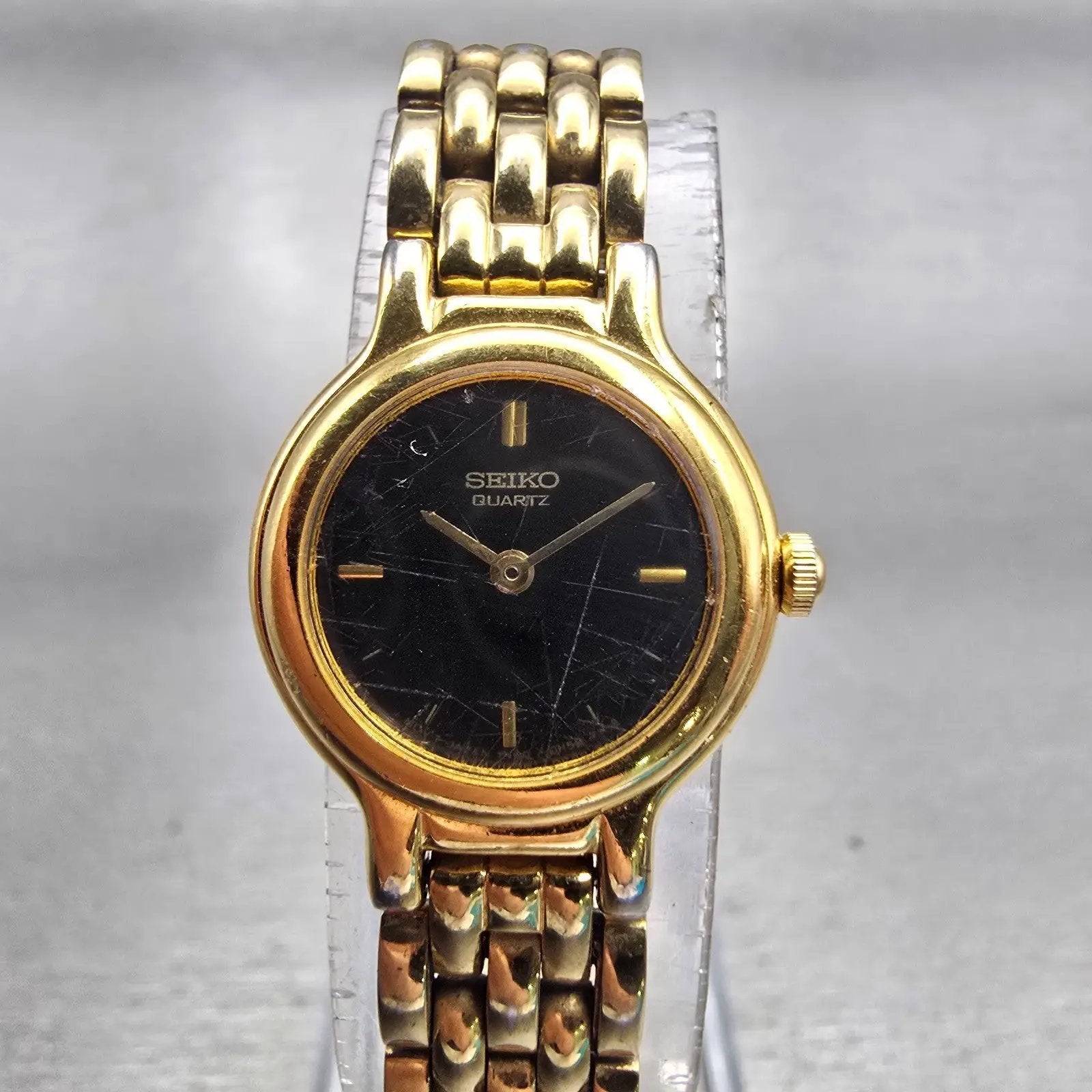 Seiko Watch Women 19mm Black Dial Gold Tone Round 1N00-0C49 New Battery VTG L0