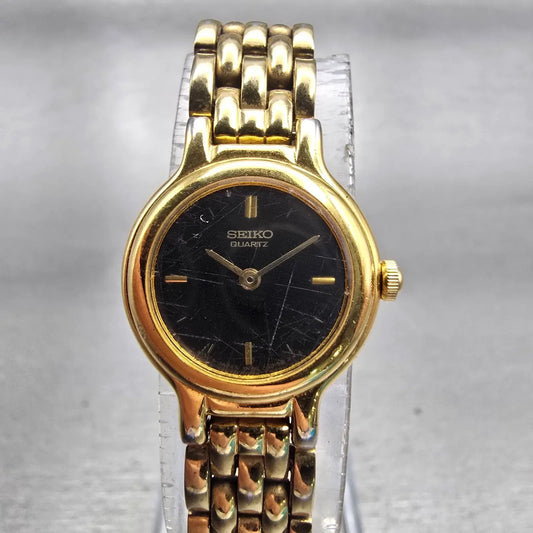 Seiko Watch Women 19mm Black Dial Gold Tone Round 1N00-0C49 New Battery VTG L0