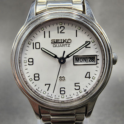 Seiko SQ Watch Women 24mm White Dial Silver Tone Daydate 3y030a29 New Battery1