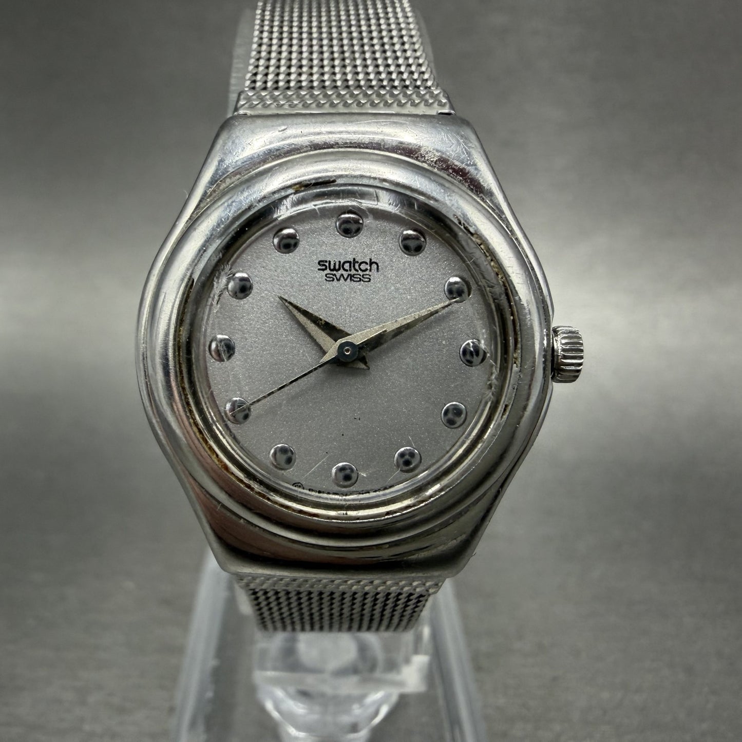 Swatch Irony Libertine Watch Women 24mm Silver Dial Steel Mesh Band New BatteryA0