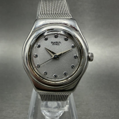 Swatch Irony Libertine Watch Women 24mm Silver Dial Steel Mesh Band New BatteryA0