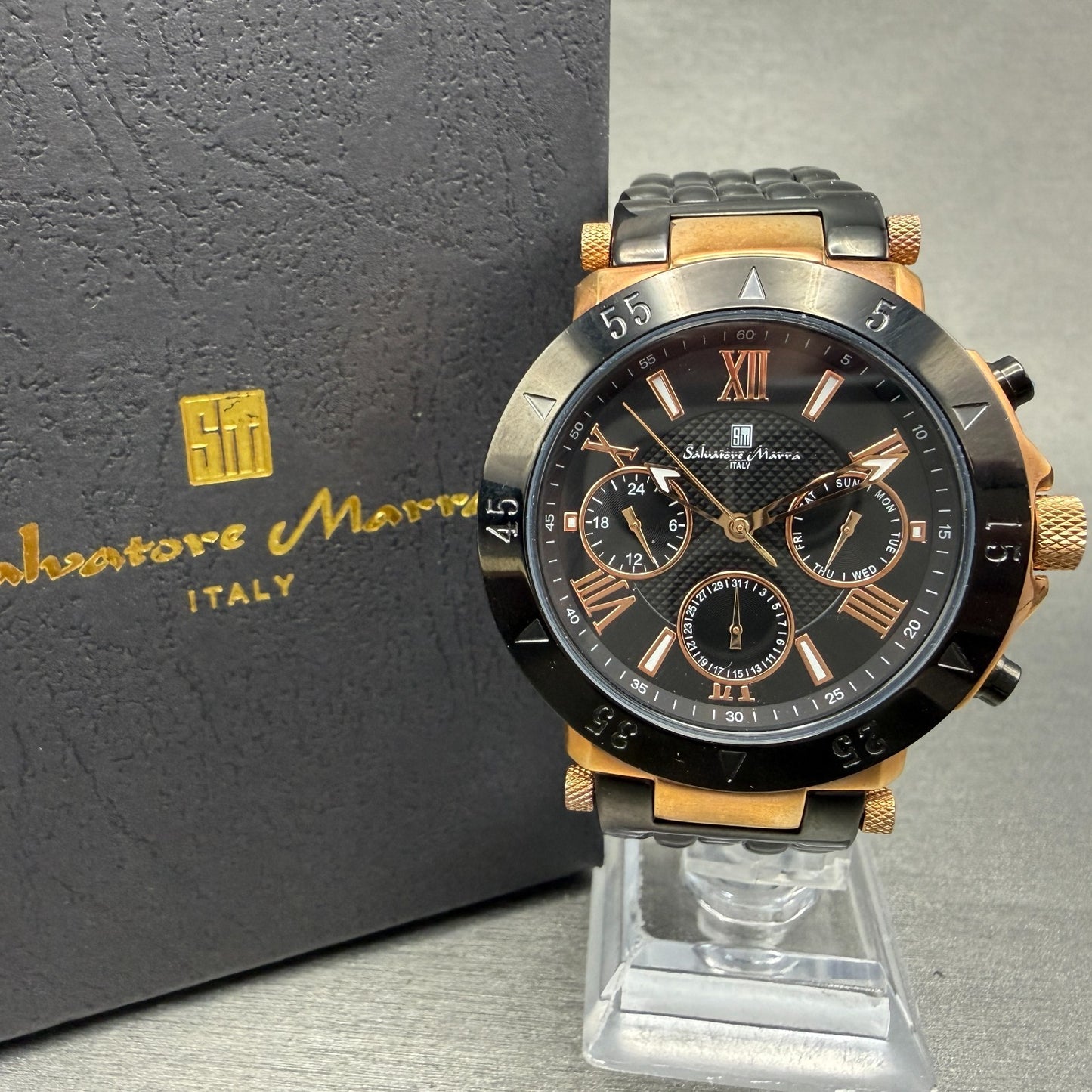 Salvatore Marra Watch Men 43mm Black Dial Rose Gold Daydate Round New Battery0