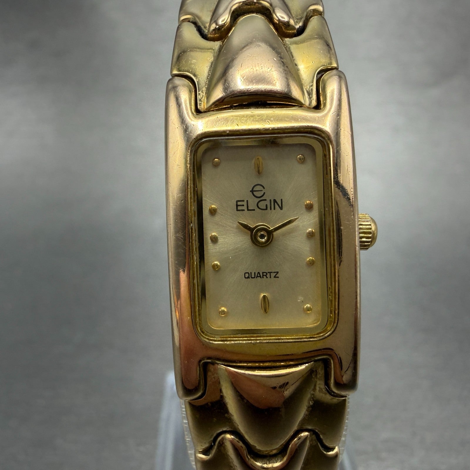 Elgin Tank Watch Women 15mm Champagne Dial Gold Tone EM912-170 New Battery0