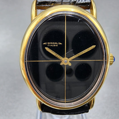 VTG Spazial Watch Women 26mm Black Dial Gold Tone Oval Manual Wind Runs
