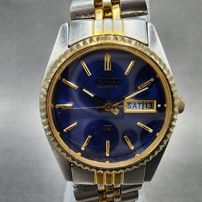 Seiko SQ Watch Women 24mm Blue Dial Two Tone Daydate Round New Battery KJ781