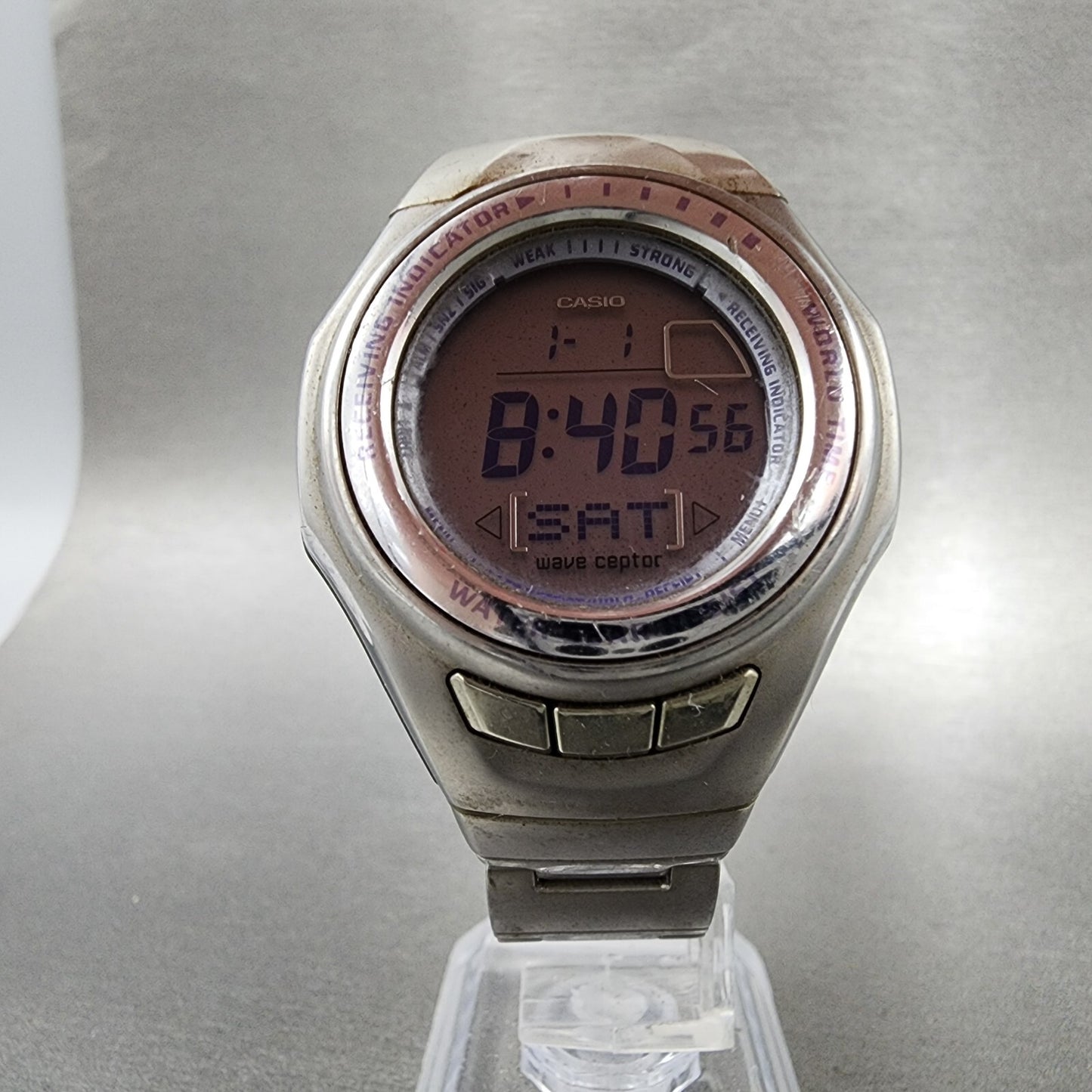 Casio Wave Ceptor Watch Women 37mm Digital Silver Tone Alarm Chrono New Battery