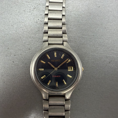 Seiko Watch Men 37mm Blue Dial Titanium Date Round Bracelet 7N428109 PARTS0