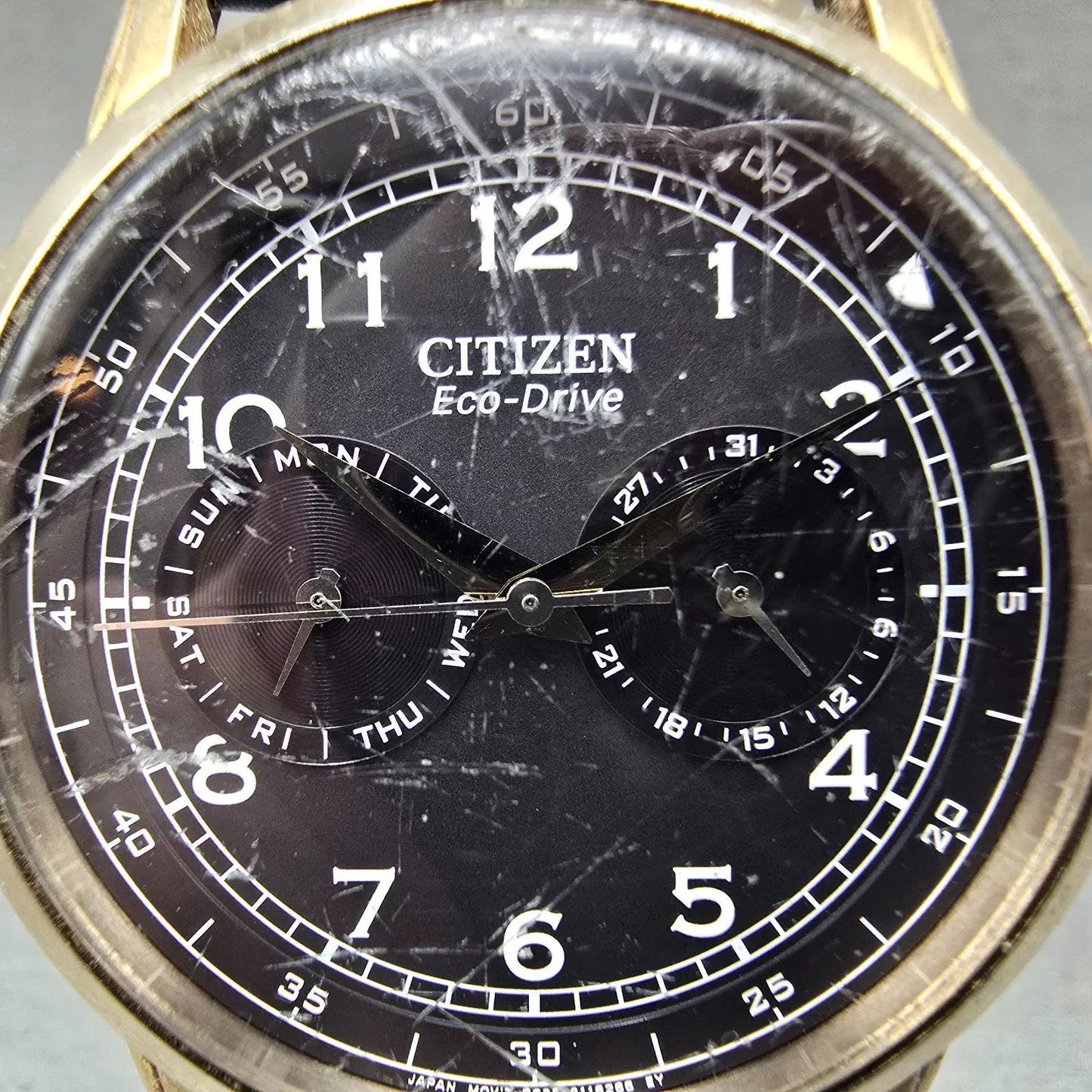 Citizen Eco-Drive Watch Men 42mm Black Dial Gold Tone Daydate 8635-S079764 Runs1