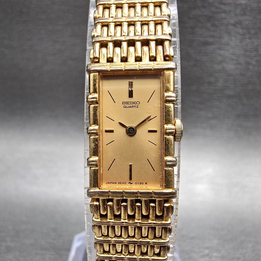 Seiko Tank Watch Women 13mm Gold Dial Gold Tone Rectangle 2E20-5079 New Battery0