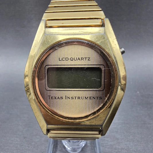 Texas Instruments LCD Watch Men 34mm Brown Dial Gold Tone Hexagon PARTS VTG0