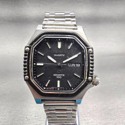 Seiko Sports 100 Watch Men 37mm Black Dial Silver Tone Daydate 6923-5079 New Bat0