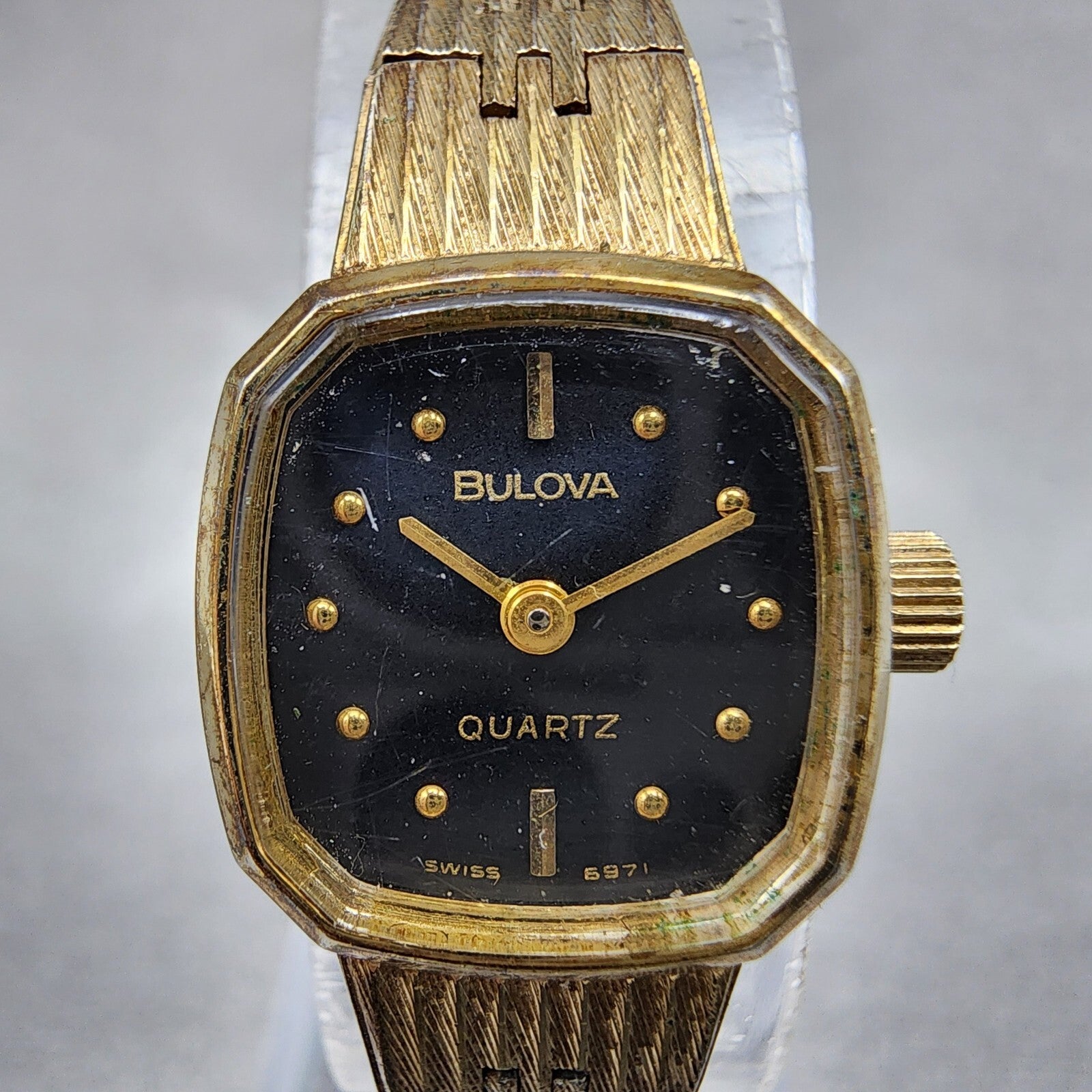 VTG Bulova Watch Women 16mm Black Dial Gold Tone Rectangle 6971 New Battery1