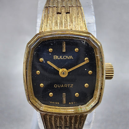 VTG Bulova Watch Women 16mm Black Dial Gold Tone Rectangle 6971 New Battery1