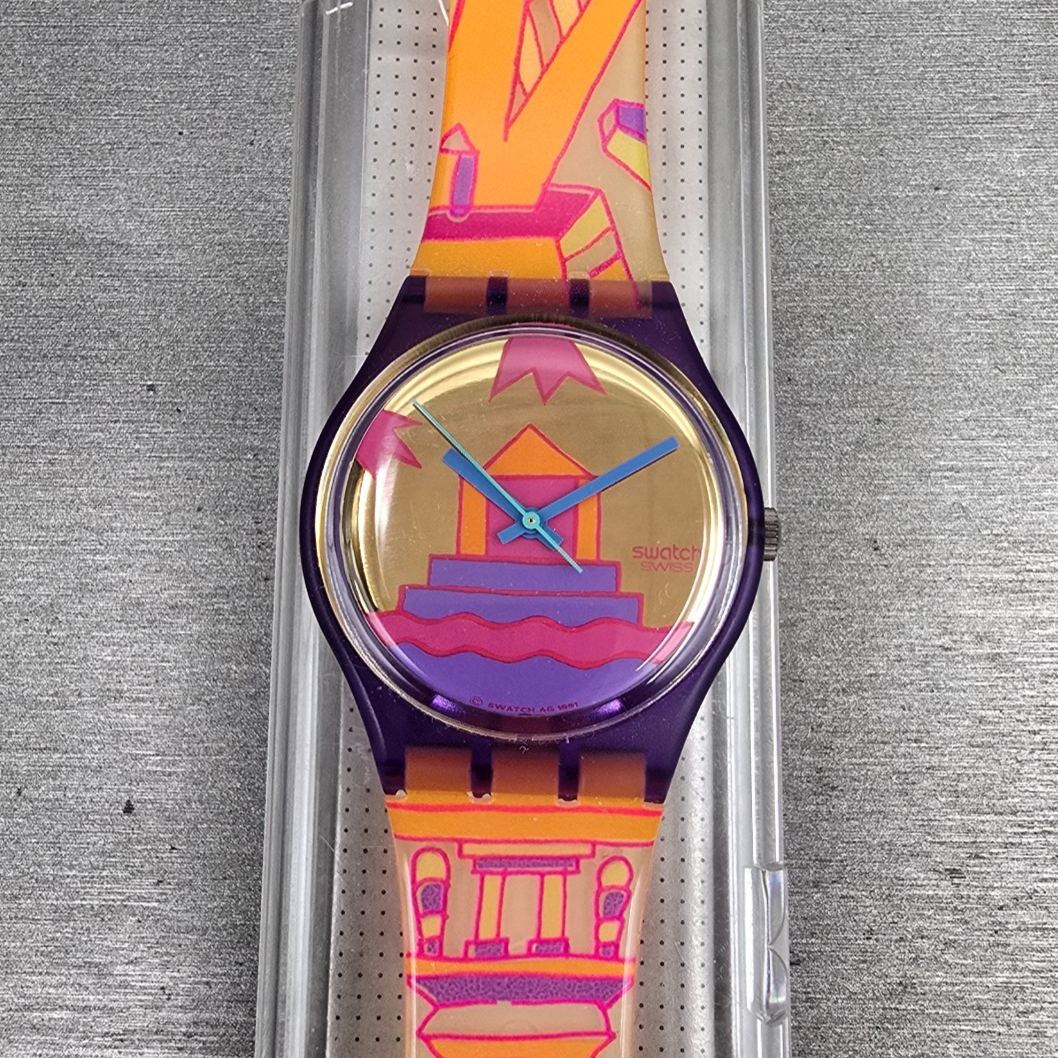 Swatch Rara Avis Watch Men 34mm Gold Dial Purple Case GV103 New Battery NOS0