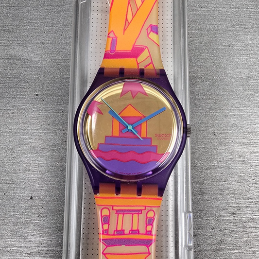 Swatch Rara Avis Watch Men 34mm Gold Dial Purple Case GV103 New Battery NOS0