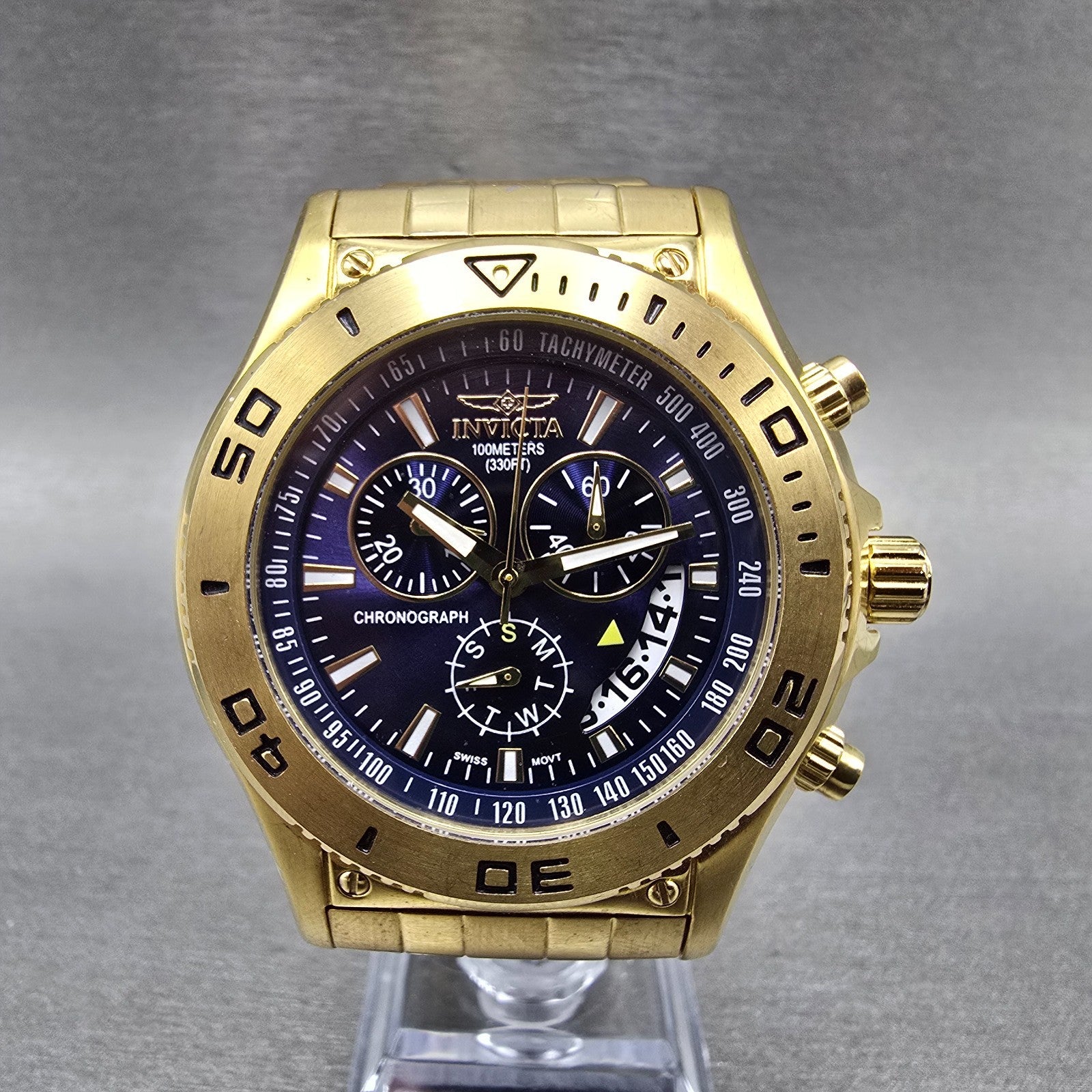 Invicta Chronograph Dive Watch Men 46mm Blue Dial Gold Tone Daydate 6858 New Bat0
