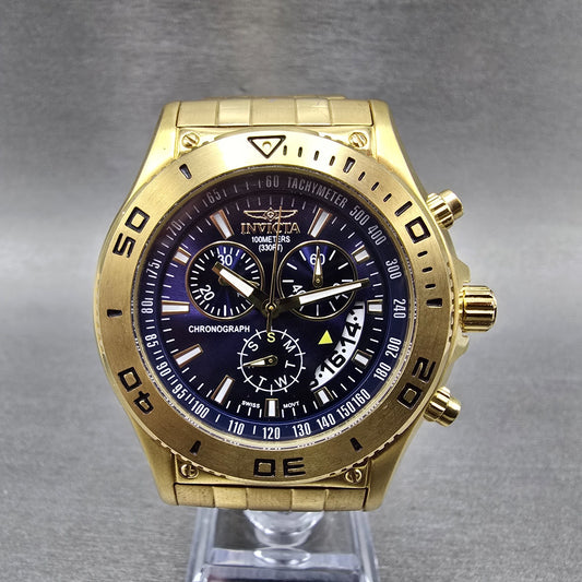 Invicta Chronograph Dive Watch Men 46mm Blue Dial Gold Tone Daydate 6858 New Bat0