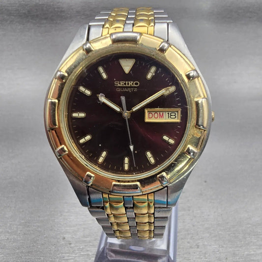 Seiko Watch Men 38mm Red Dial Two Tone Daydate Round 7N43-7068 New Battery VTG0