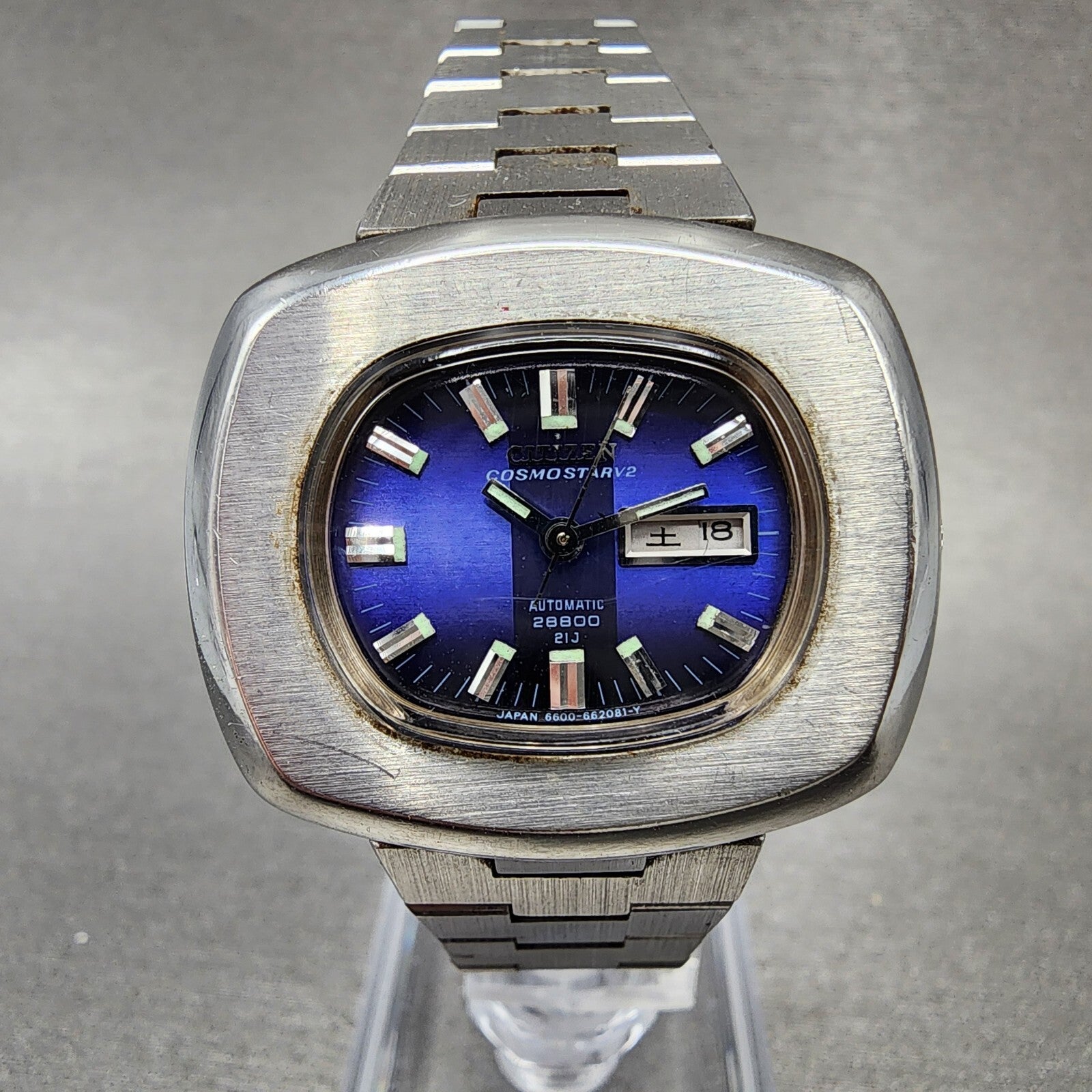 Citizen Cosmostar V2 Watch Women 33mm Blue Dial Steel Daydate Rectangle Runs0
