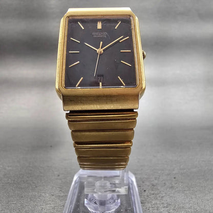 Seiko Tank Watch Men 26mm Black Dial Gold Tone Date Rectangle 5Y32-5129 New Batt5