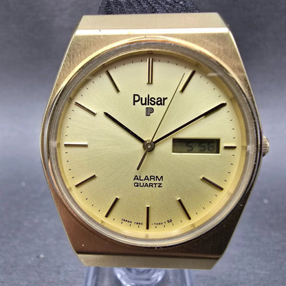 Pulsar Watch Men 33mm Gold Dial Gold Analog Digital Alarm READ!!! Y960 New Batt0