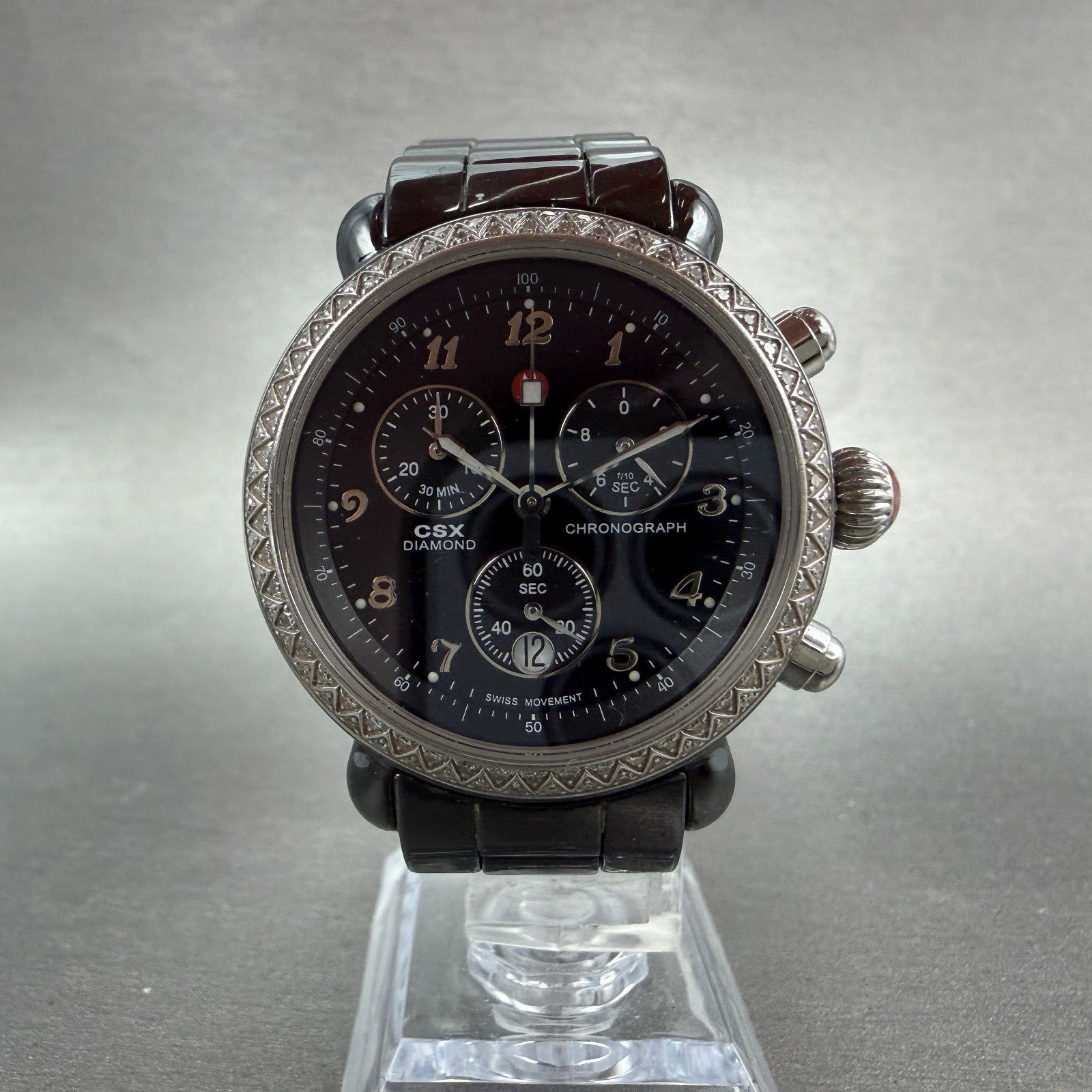 Michele CSX Chronograph Diamond Watch Women 37mm Black Dial Ceramic New batt5